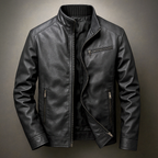 Luke - Men's Zip-Front Leather Jacket with Corduroy Collar