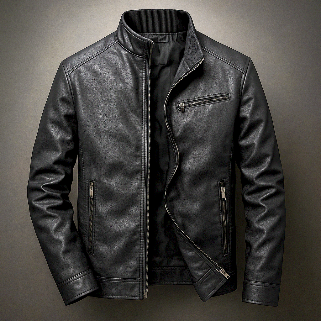 Luke - Men's Zip-Front Leather Jacket with Corduroy Collar