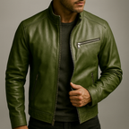 Luke - Men's Zip-Front Leather Jacket with Corduroy Collar