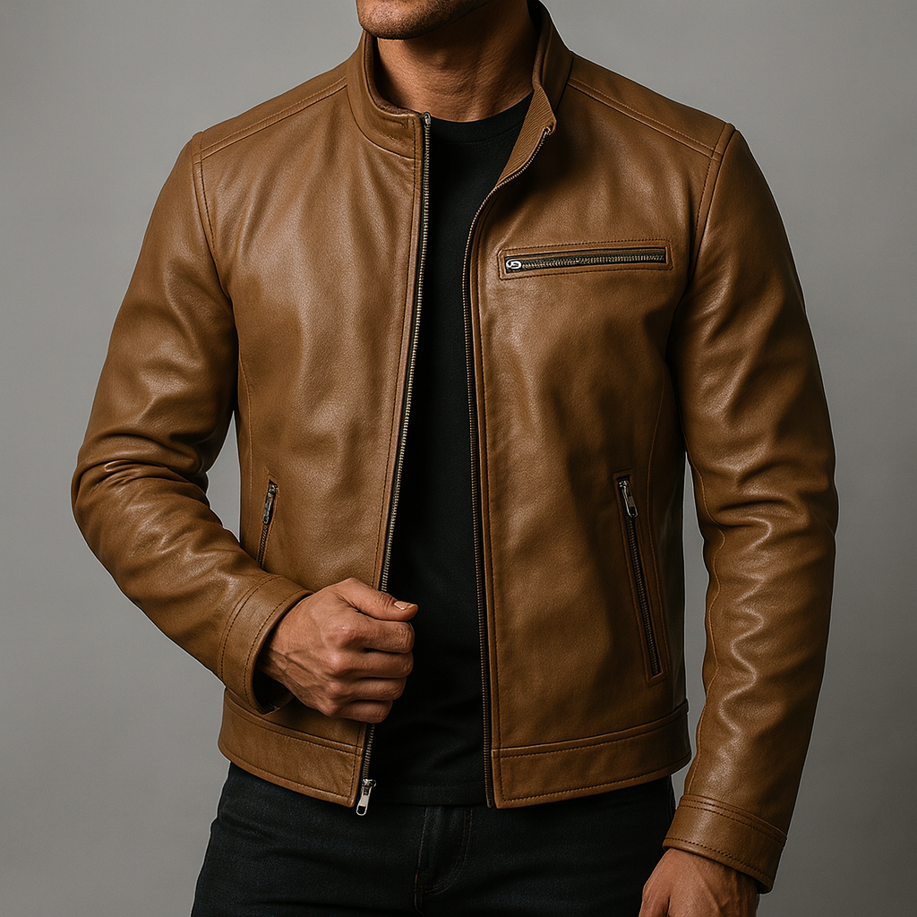Luke - Men's Zip-Front Leather Jacket with Corduroy Collar