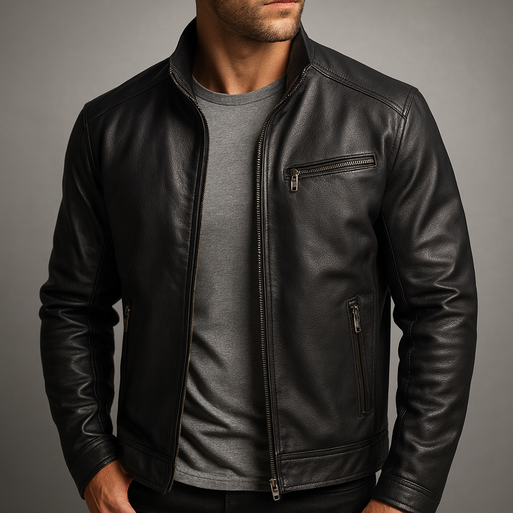 Luke - Men's Zip-Front Leather Jacket with Corduroy Collar