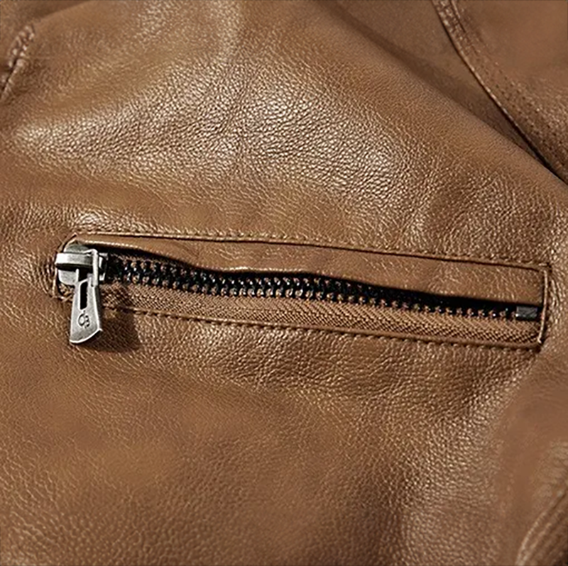 Luke - Men's Zip-Front Leather Jacket with Corduroy Collar