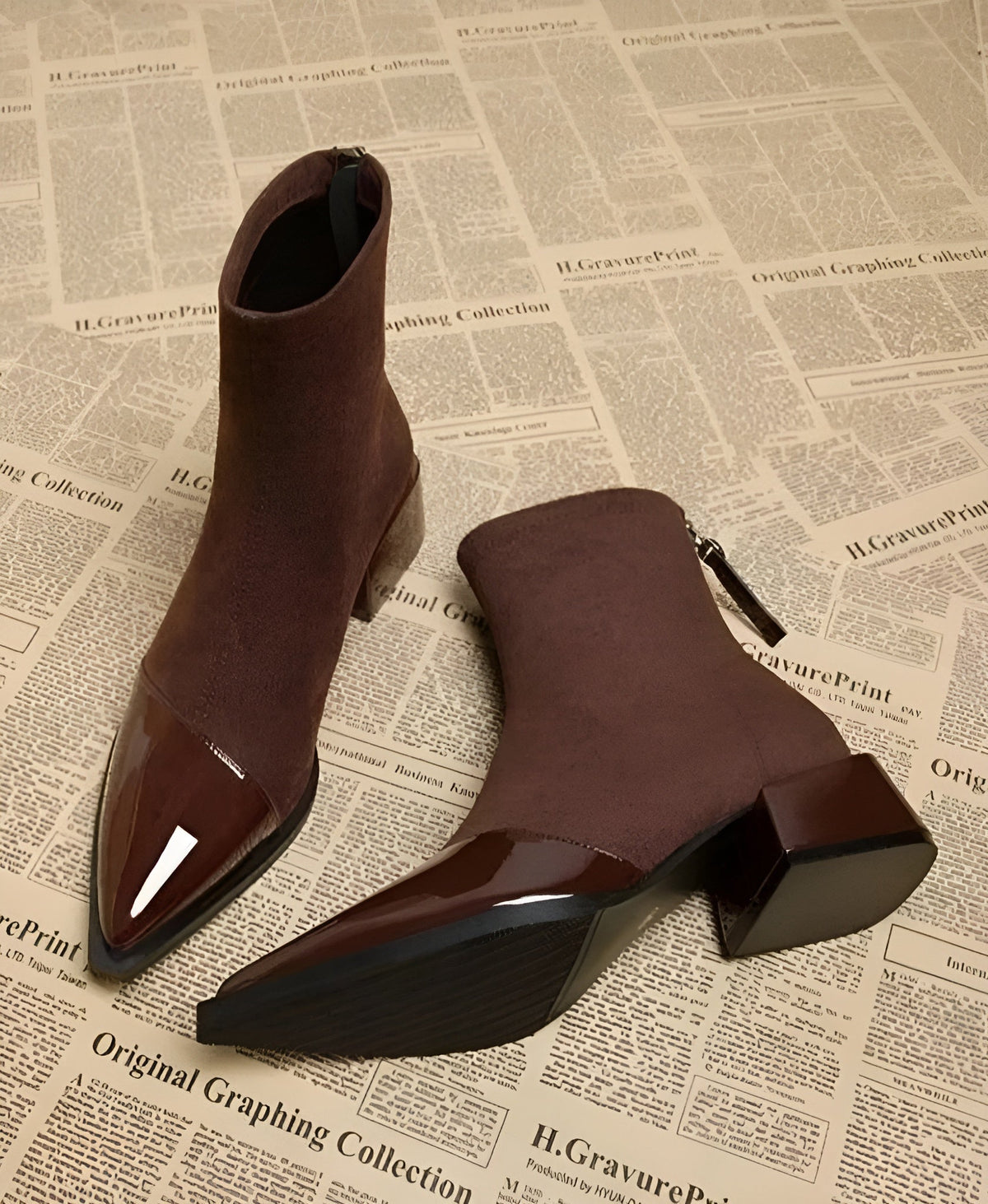 Luna - Women's Suede Ankle Boots with Patent Toe Cap and Block Heel