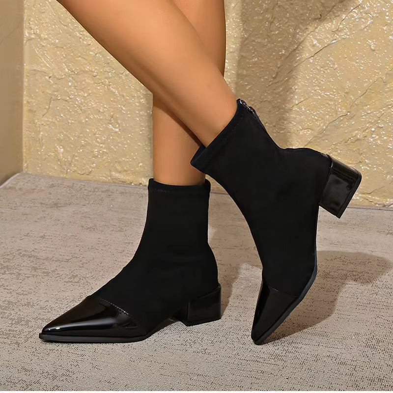 Luna - Women's Suede Ankle Boots with Patent Toe Cap and Block Heel
