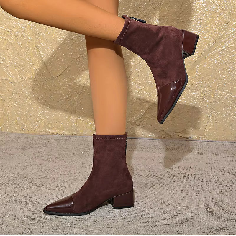 Luna - Women's Suede Ankle Boots with Patent Toe Cap and Block Heel