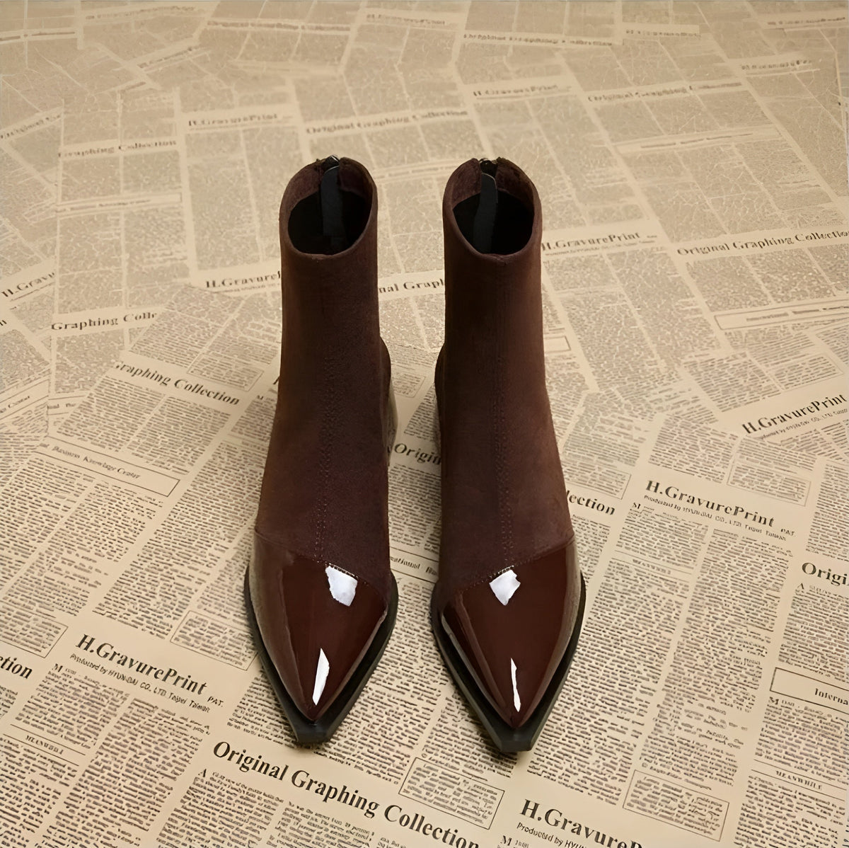 Luna - Women's Suede Ankle Boots with Patent Toe Cap and Block Heel