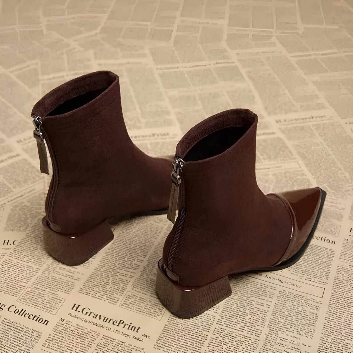 Luna - Women's Suede Ankle Boots with Patent Toe Cap and Block Heel