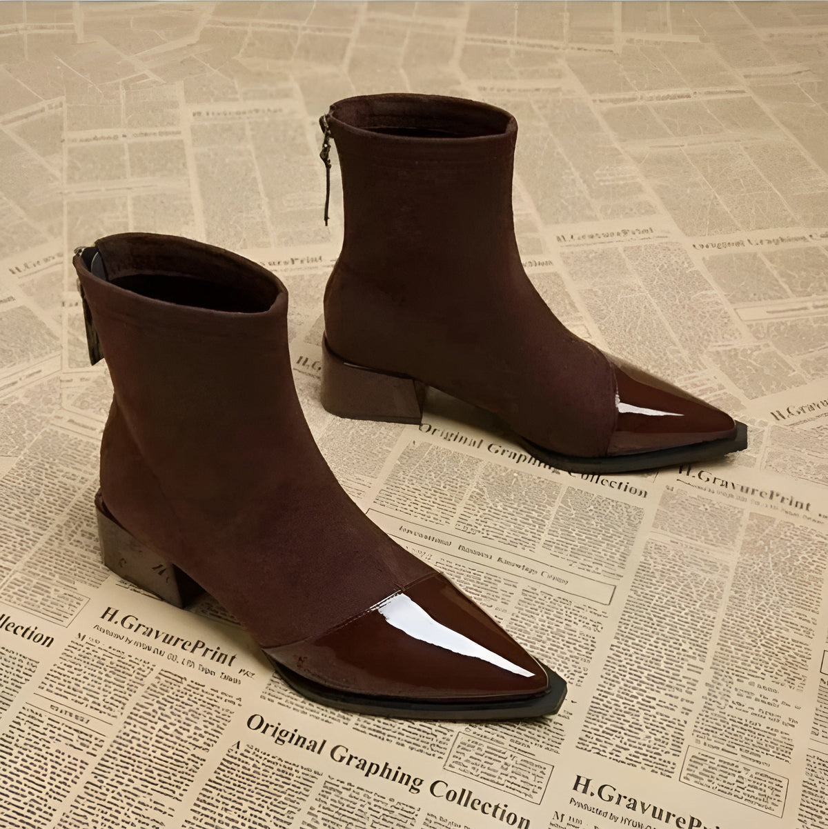 Luna - Women's Suede Ankle Boots with Patent Toe Cap and Block Heel