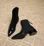 Luna - Women's Suede Ankle Boots with Patent Toe Cap and Block Heel
