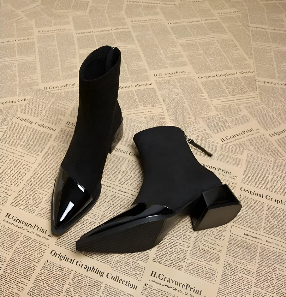 Luna - Women's Suede Ankle Boots with Patent Toe Cap and Block Heel