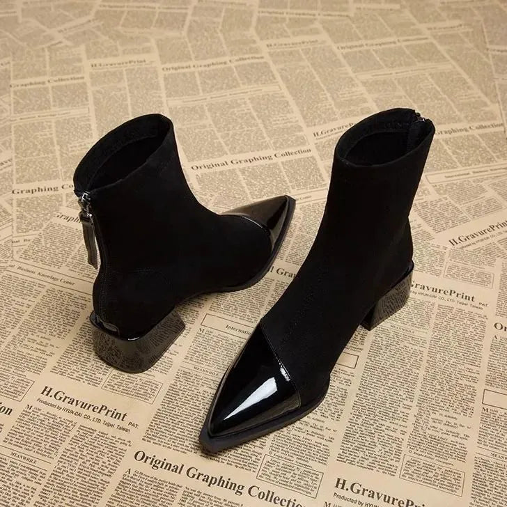 Luna - Women's Suede Ankle Boots with Patent Toe Cap and Block Heel