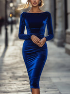 Marian - Women's Boat Neck Velvet Bodycon Midi Dress
