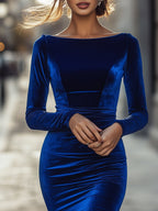 Marian - Women's Boat Neck Velvet Bodycon Midi Dress