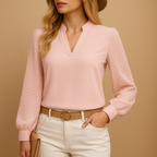 Miriam - Women's Textured V-Neck Blouse with Button Cuffs