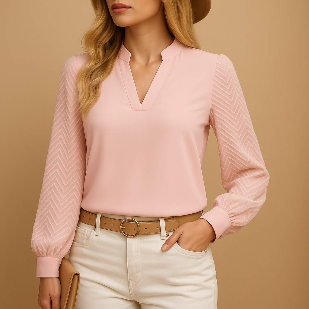 Miriam - Women's Textured V-Neck Blouse with Button Cuffs