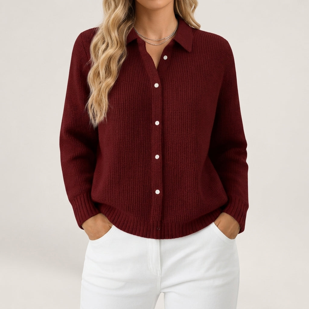 Nicoletta - Women's Collared Button-Front Ribbed Knit Cardigan