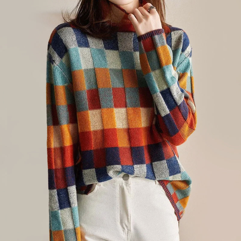 Nina - Women's Colorblock Patchwork Knit Mock Neck Sweater