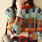 Nina - Women's Colorblock Patchwork Knit Mock Neck Sweater