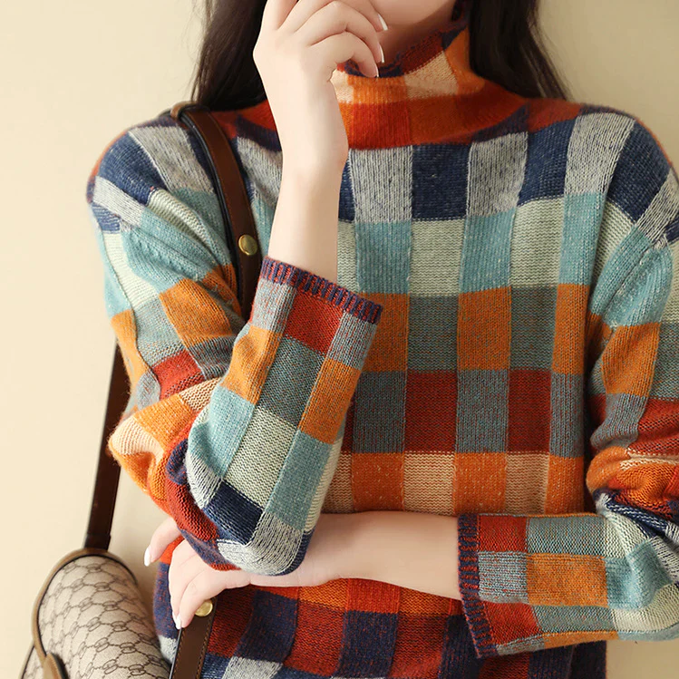 Nina - Women's Colorblock Patchwork Knit Mock Neck Sweater