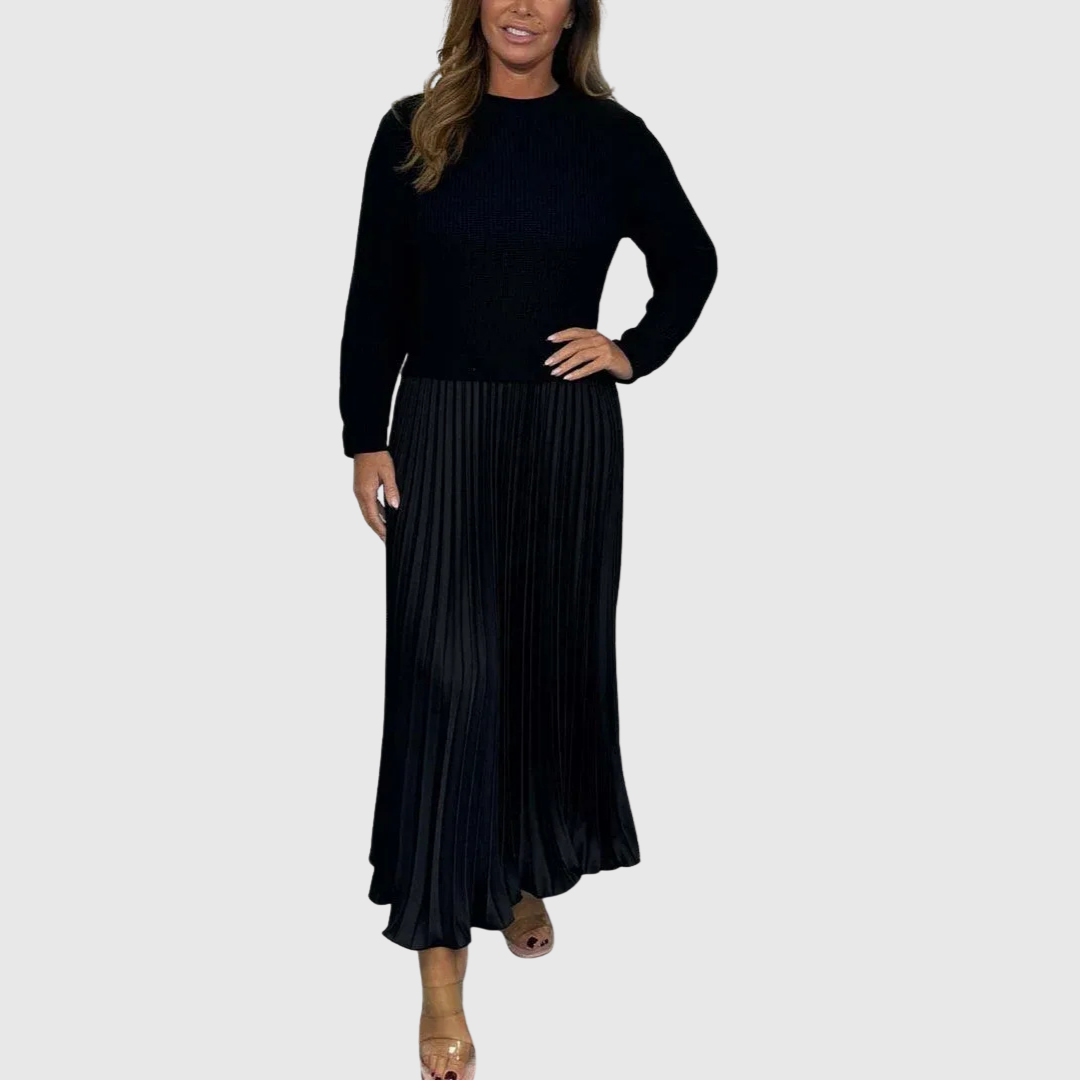Nora - Women's Ribbed Sweater & Pleated Maxi Dress