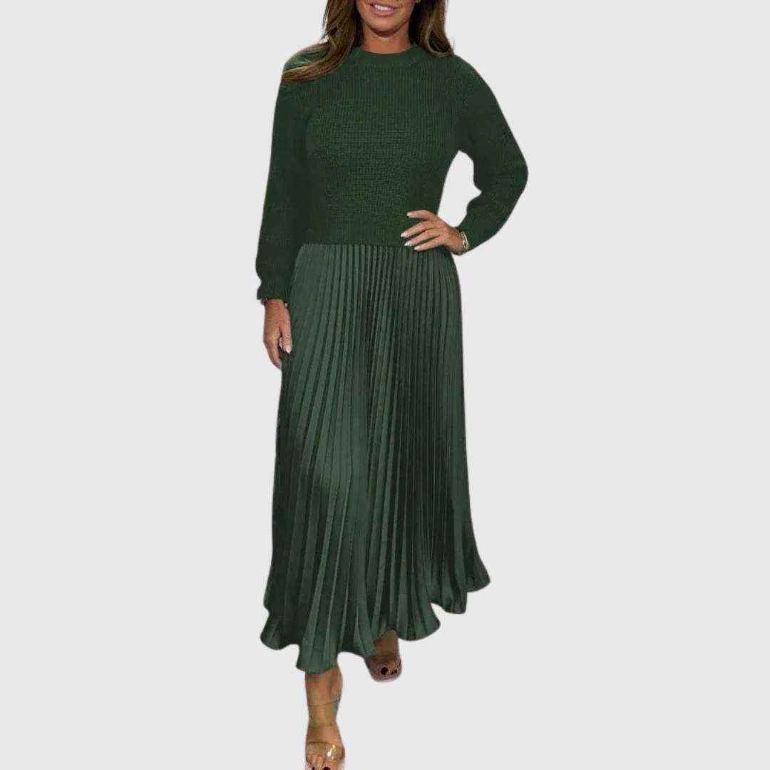 Nora - Women's Ribbed Sweater & Pleated Maxi Dress