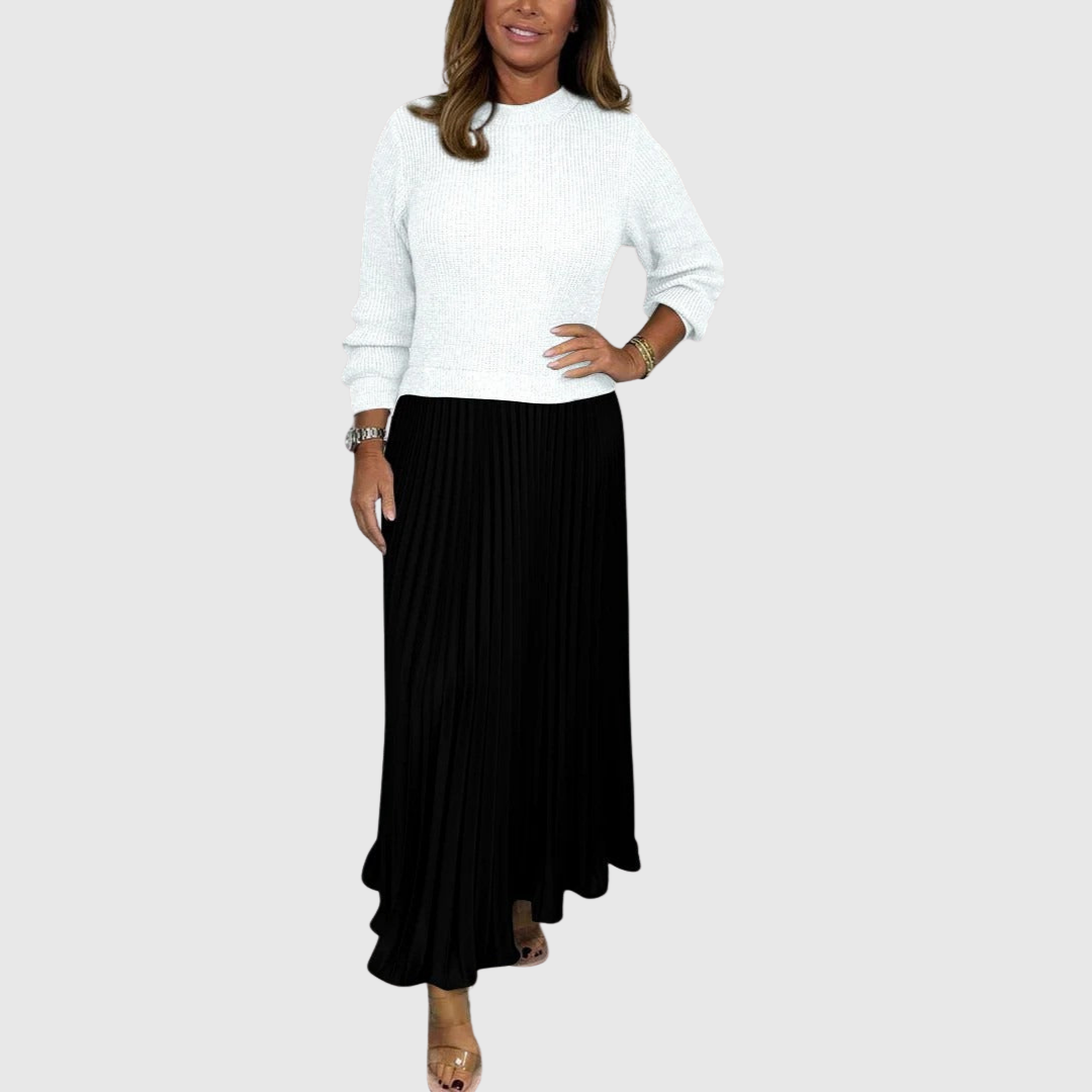 Nora - Women's Ribbed Sweater & Pleated Maxi Dress