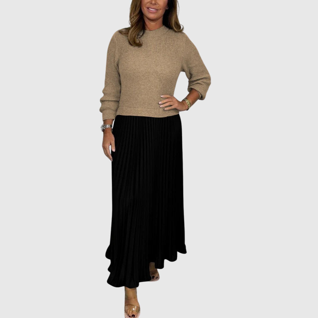 Nora - Women's Ribbed Sweater & Pleated Maxi Dress