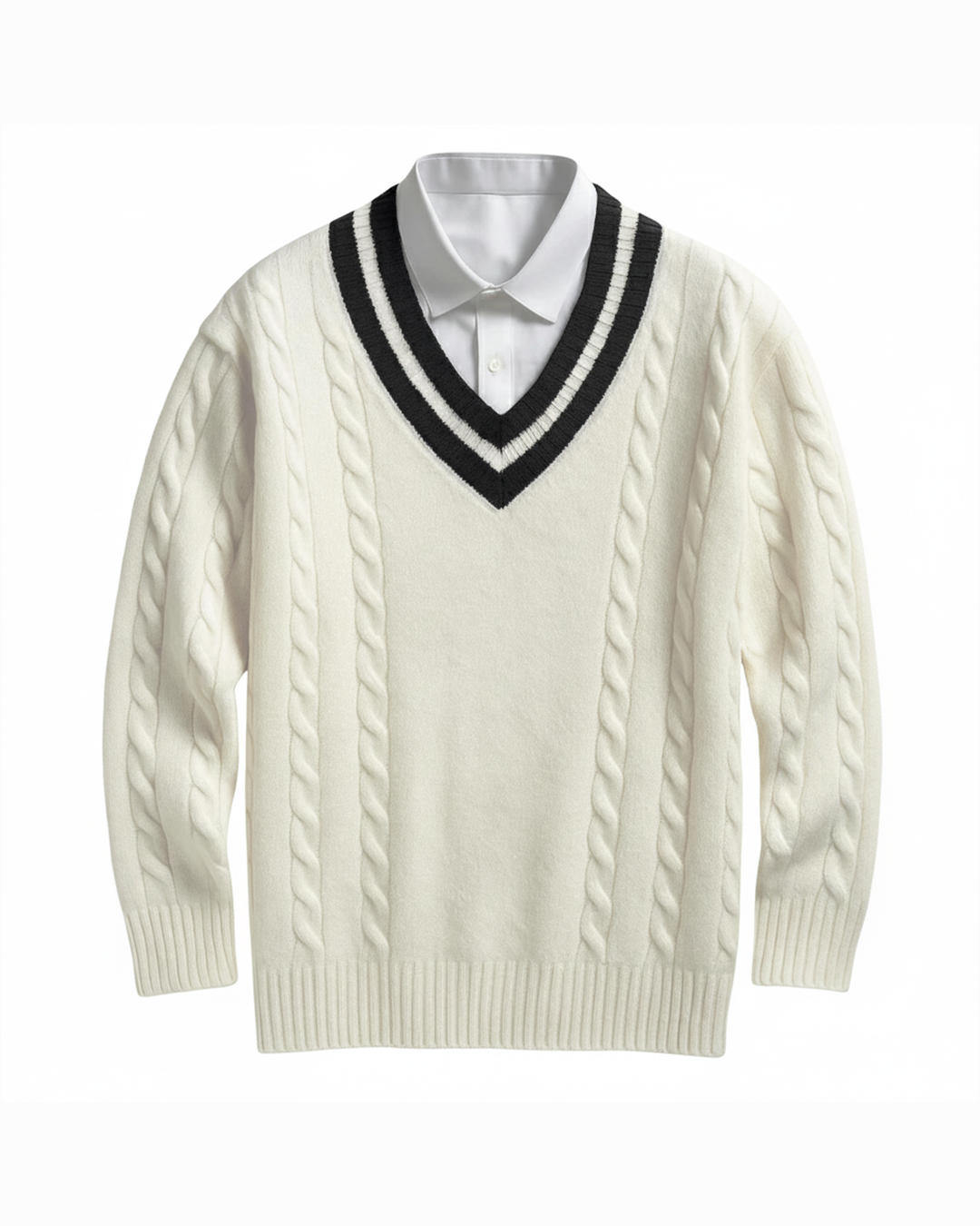 Orson - Men's Cable-Knit V-Neck Sweater with Striped Trim