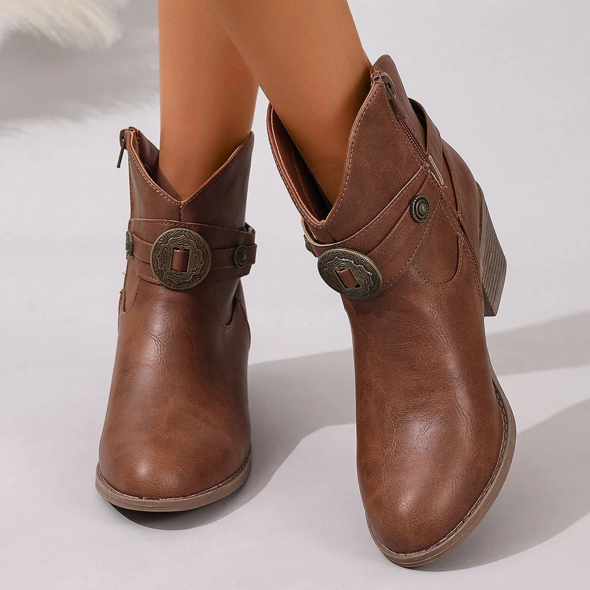 Rachel - Women's Embossed Buckle Ankle Boots with Stacked Heel