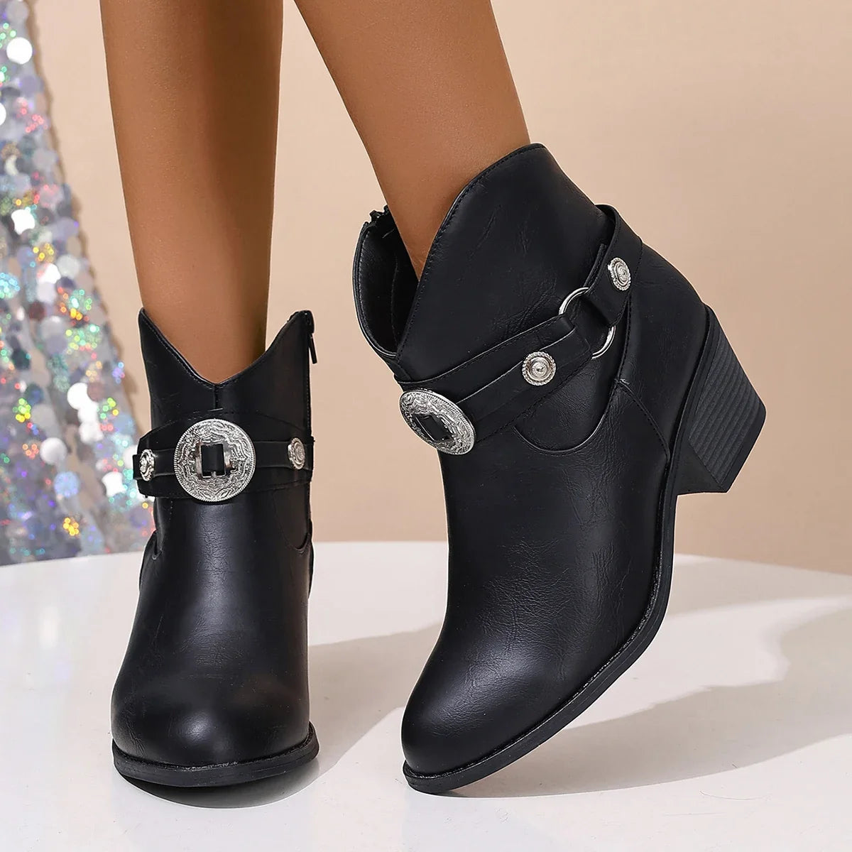Rachel - Women's Embossed Buckle Ankle Boots with Stacked Heel