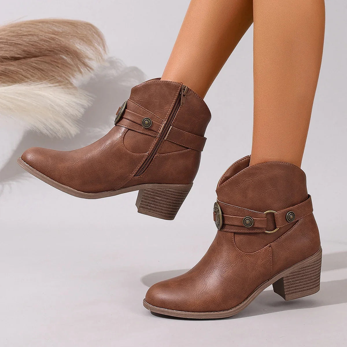 Rachel - Women's Embossed Buckle Ankle Boots with Stacked Heel