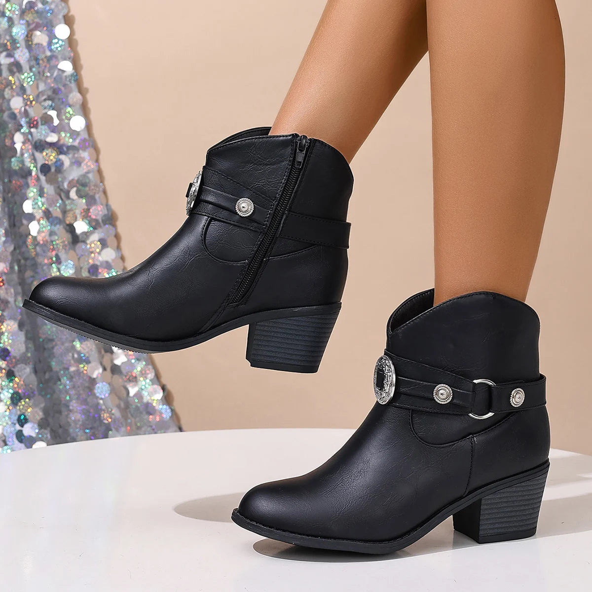 Rachel - Women's Embossed Buckle Ankle Boots with Stacked Heel