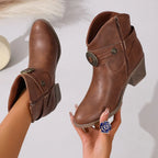 Rachel - Women's Embossed Buckle Ankle Boots with Stacked Heel