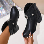 Rachel - Women's Embossed Buckle Ankle Boots with Stacked Heel