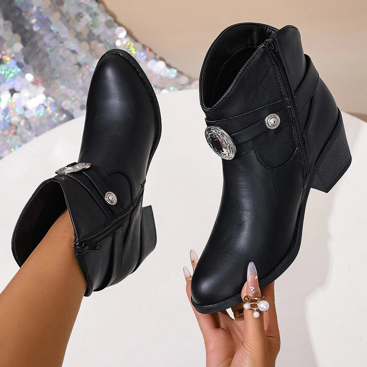 Rachel - Women's Embossed Buckle Ankle Boots with Stacked Heel