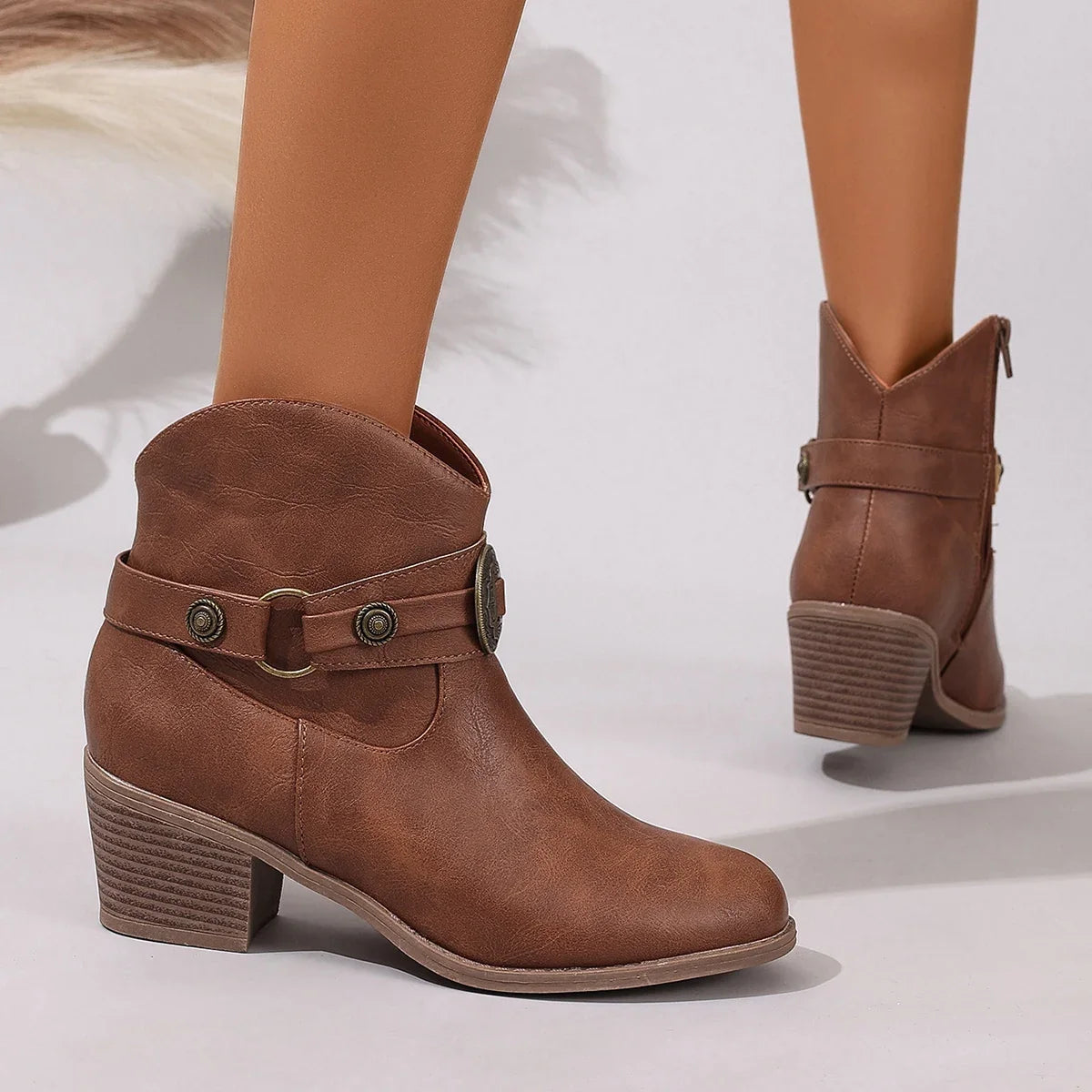Rachel - Women's Embossed Buckle Ankle Boots with Stacked Heel