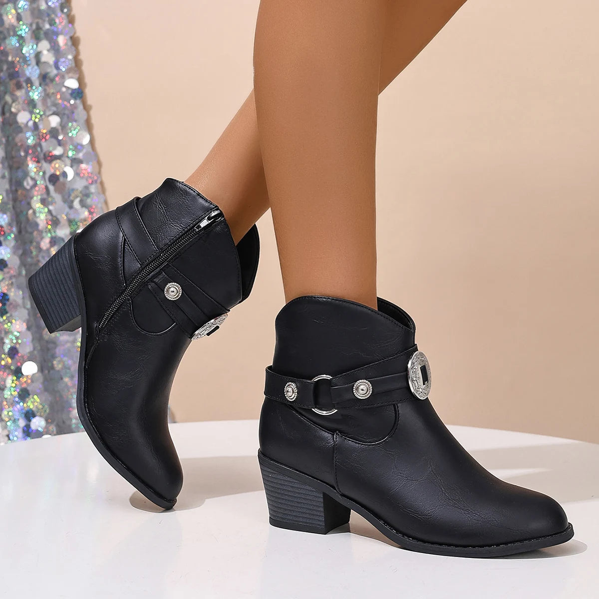 Rachel - Women's Embossed Buckle Ankle Boots with Stacked Heel