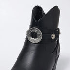 Rachel - Women's Embossed Buckle Ankle Boots with Stacked Heel