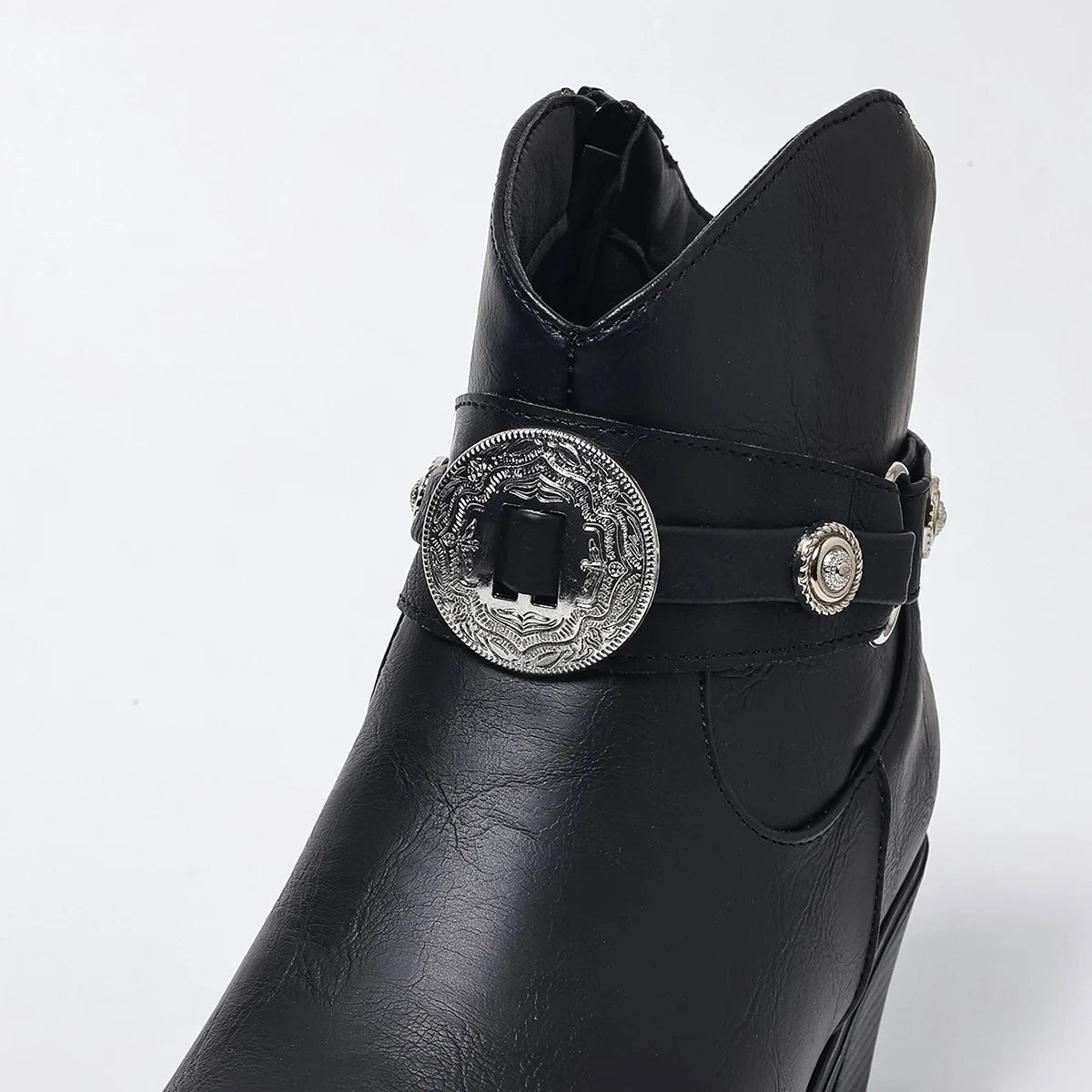 Rachel - Women's Embossed Buckle Ankle Boots with Stacked Heel