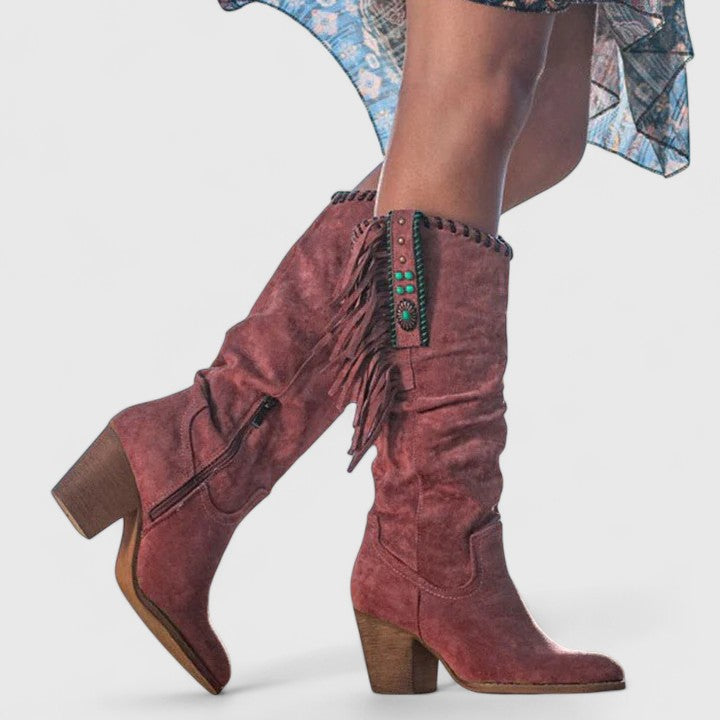Raina - Women's Fringe-Trim Suede Knee-High Boots