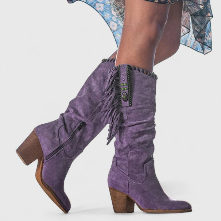 Raina - Women's Fringe-Trim Suede Knee-High Boots