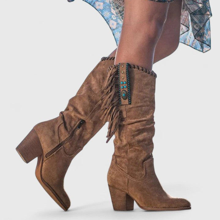 Raina - Women's Fringe-Trim Suede Knee-High Boots