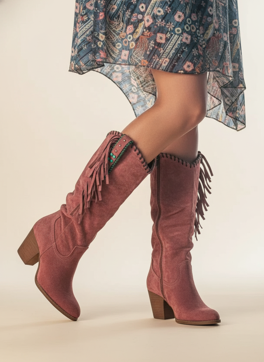 Raina - Women's Fringe-Trim Suede Knee-High Boots