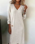 Rebecca - Women's V-Neck Ribbed-Cuff Midi Dress