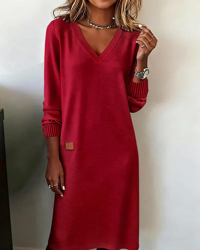 Rebecca - Women's V-Neck Ribbed-Cuff Midi Dress