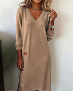 Rebecca - Women's V-Neck Ribbed-Cuff Midi Dress
