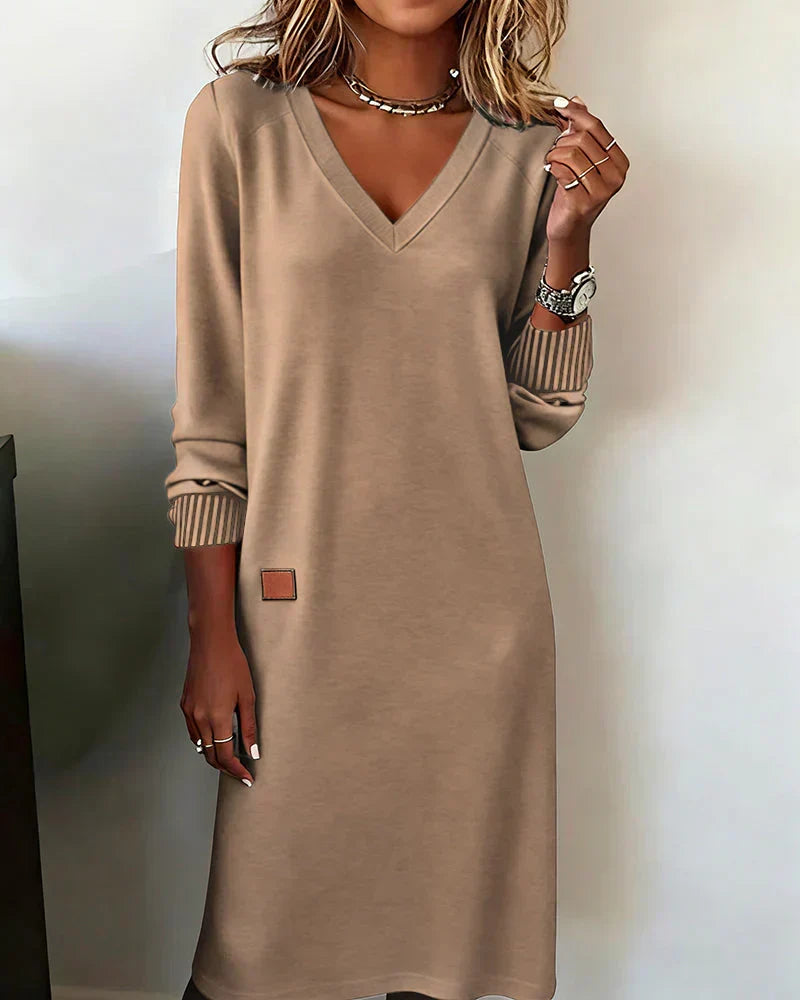 Rebecca - Women's V-Neck Ribbed-Cuff Midi Dress