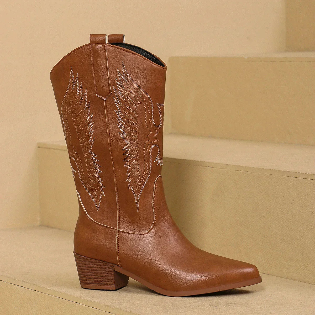 Regine - Women's Embroidered Western Mid-Calf Boots with Block Heel
