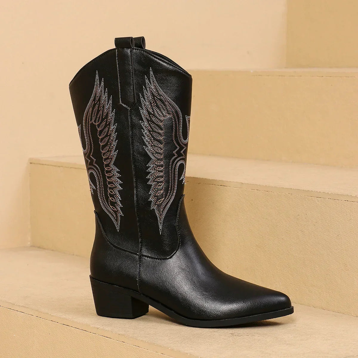 Regine - Women's Embroidered Western Mid-Calf Boots with Block Heel