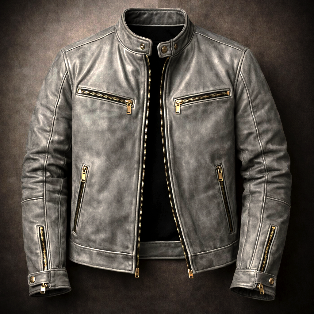 Remington - Men's Vintage Leather Moto Jacket with Gold Zip Hardware